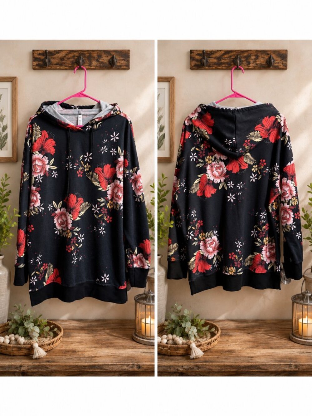 Black Floral Hooded Tunic Sweatshirt Pullover